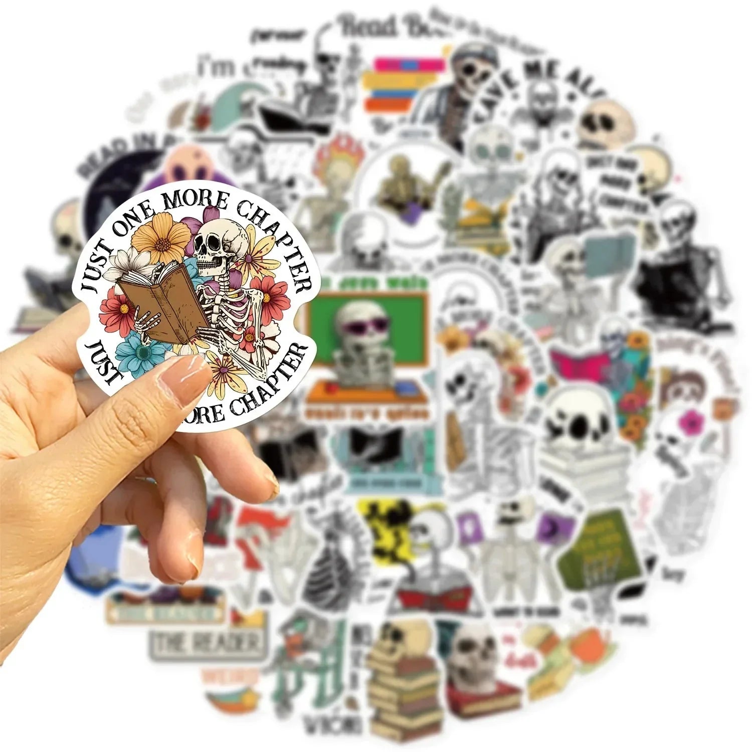 Funny Skull Stickers – 50 Piece Pack of Skull Reading Books & Anime Style Decals