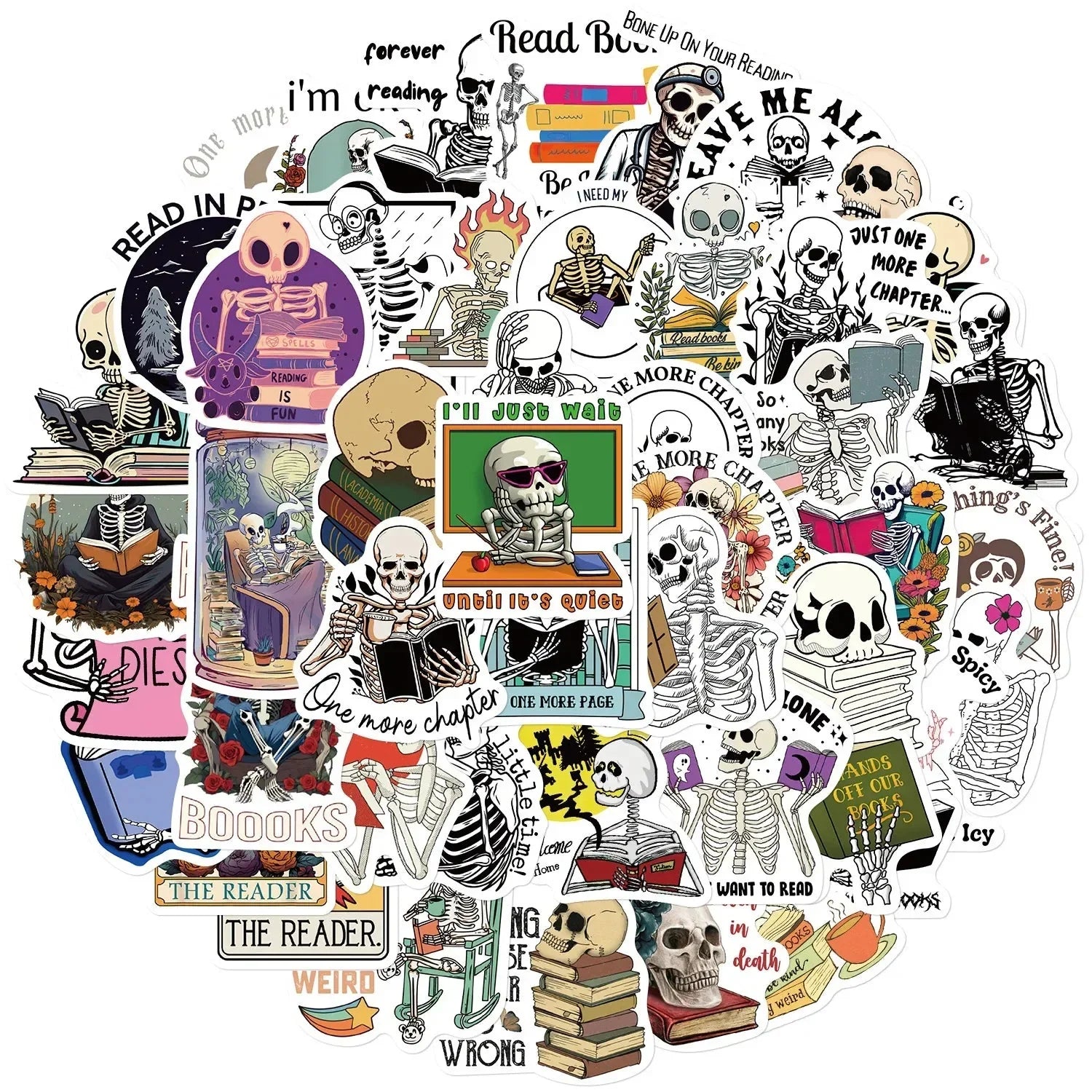 Funny Skull Stickers – 50 Piece Pack of Skull Reading Books & Anime Style Decals