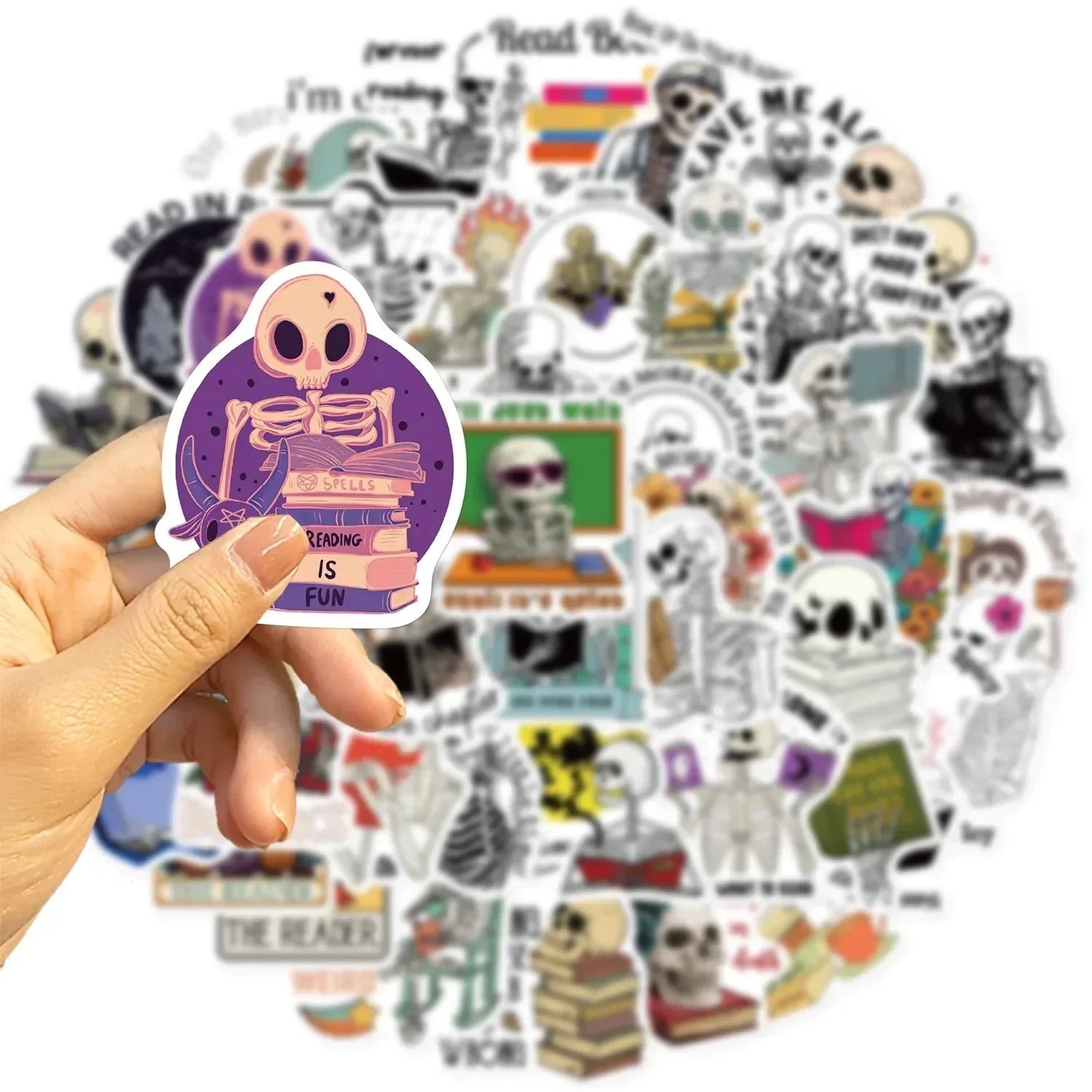 Funny Skull Stickers – 50 Piece Pack of Skull Reading Books & Anime Style Decals