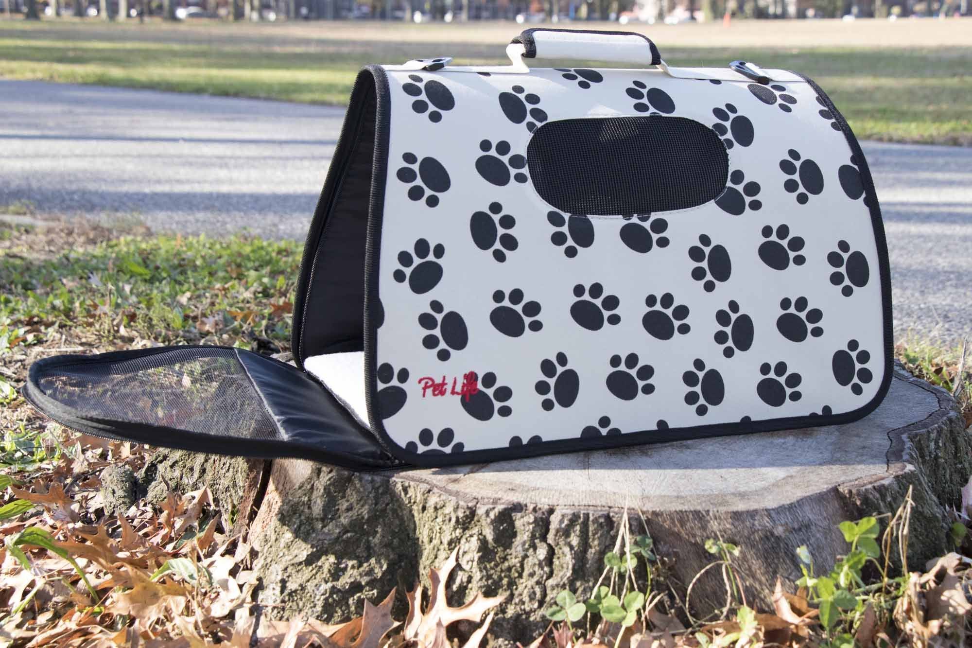 Pet Life ® Paw Patterned Airline Approved Zippered Folding Collapsible Travel Pet Dog Carrier