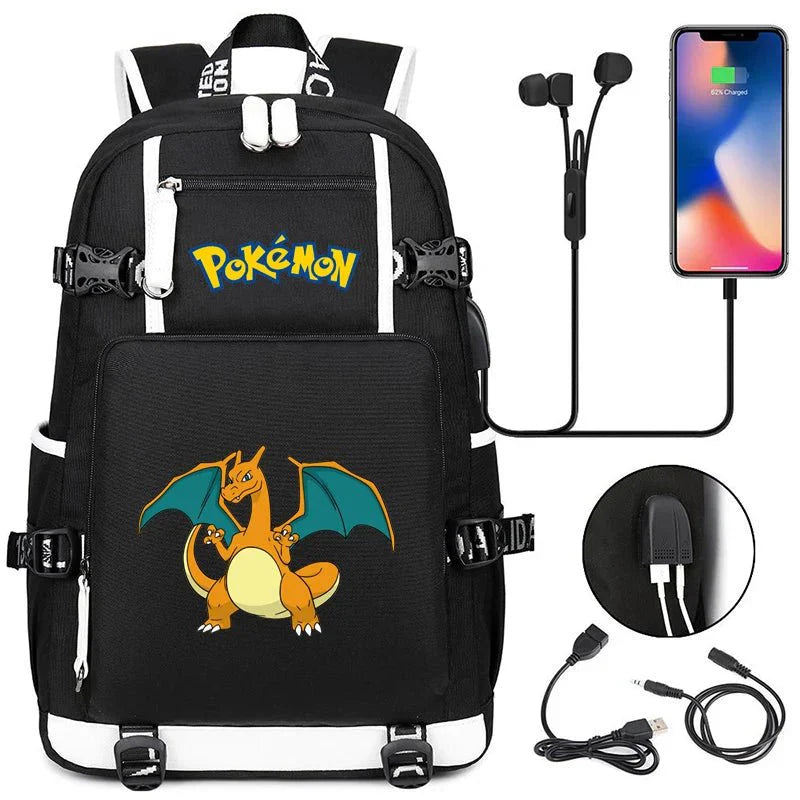 Pokémon adventure-packed schoolbag featuring Pikachu, Charizard, Gengar, and Bulbasaur