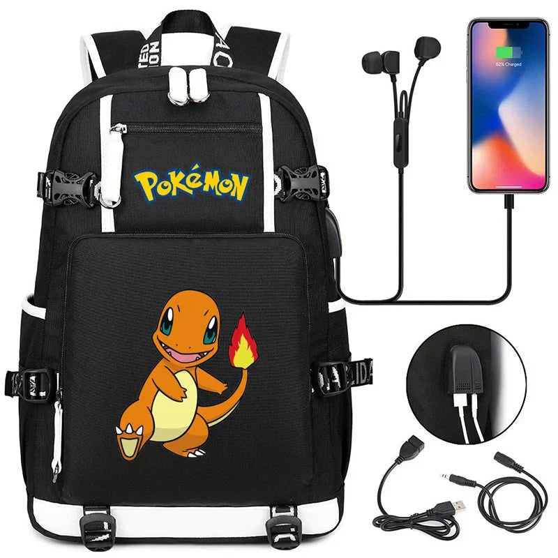 Pokémon adventure-packed schoolbag featuring Pikachu, Charizard, Gengar, and Bulbasaur