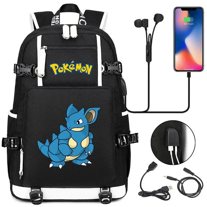 Pokémon adventure-packed schoolbag featuring Pikachu, Charizard, Gengar, and Bulbasaur