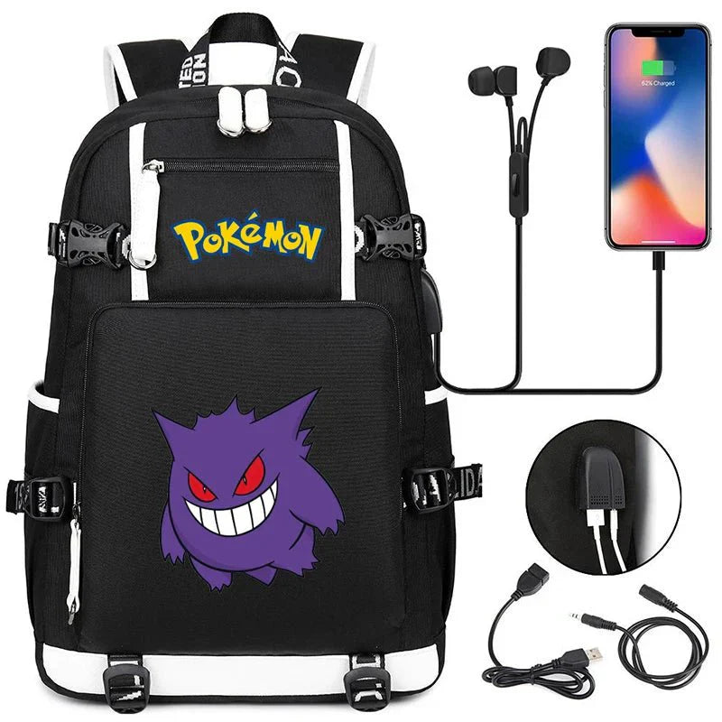 Pokémon adventure-packed schoolbag featuring Pikachu, Charizard, Gengar, and Bulbasaur