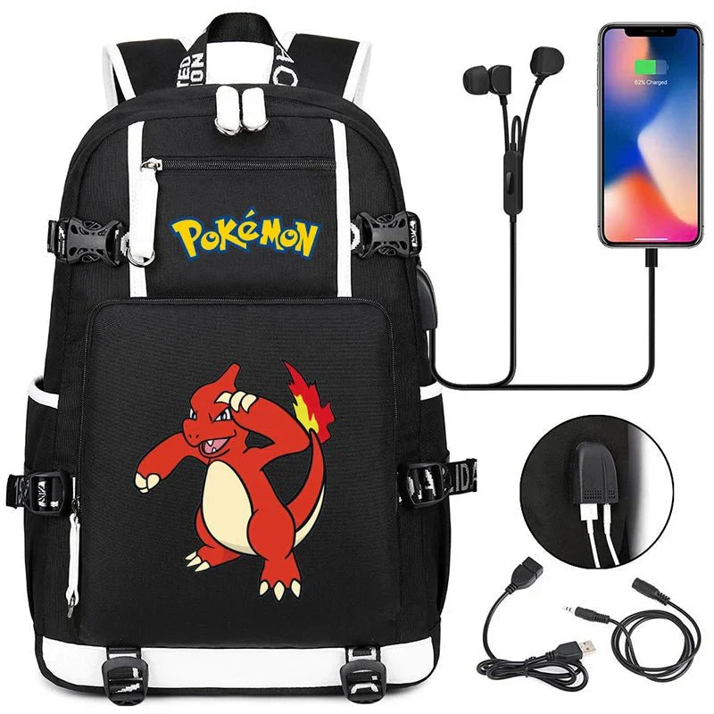 Pokémon adventure-packed schoolbag featuring Pikachu, Charizard, Gengar, and Bulbasaur