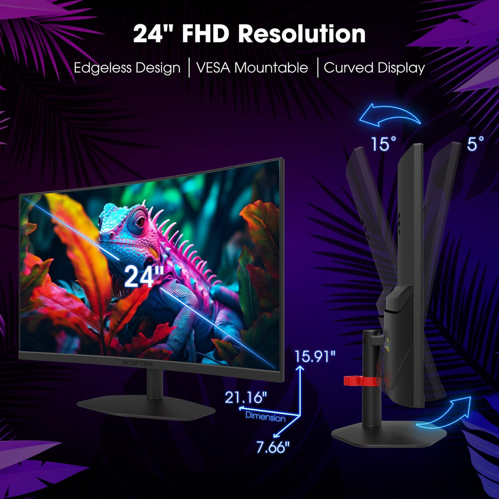 Curved Gaming Monitor 24 Inch Full HD 1080p Display | High Refresh Rate, VESA Wall Mount