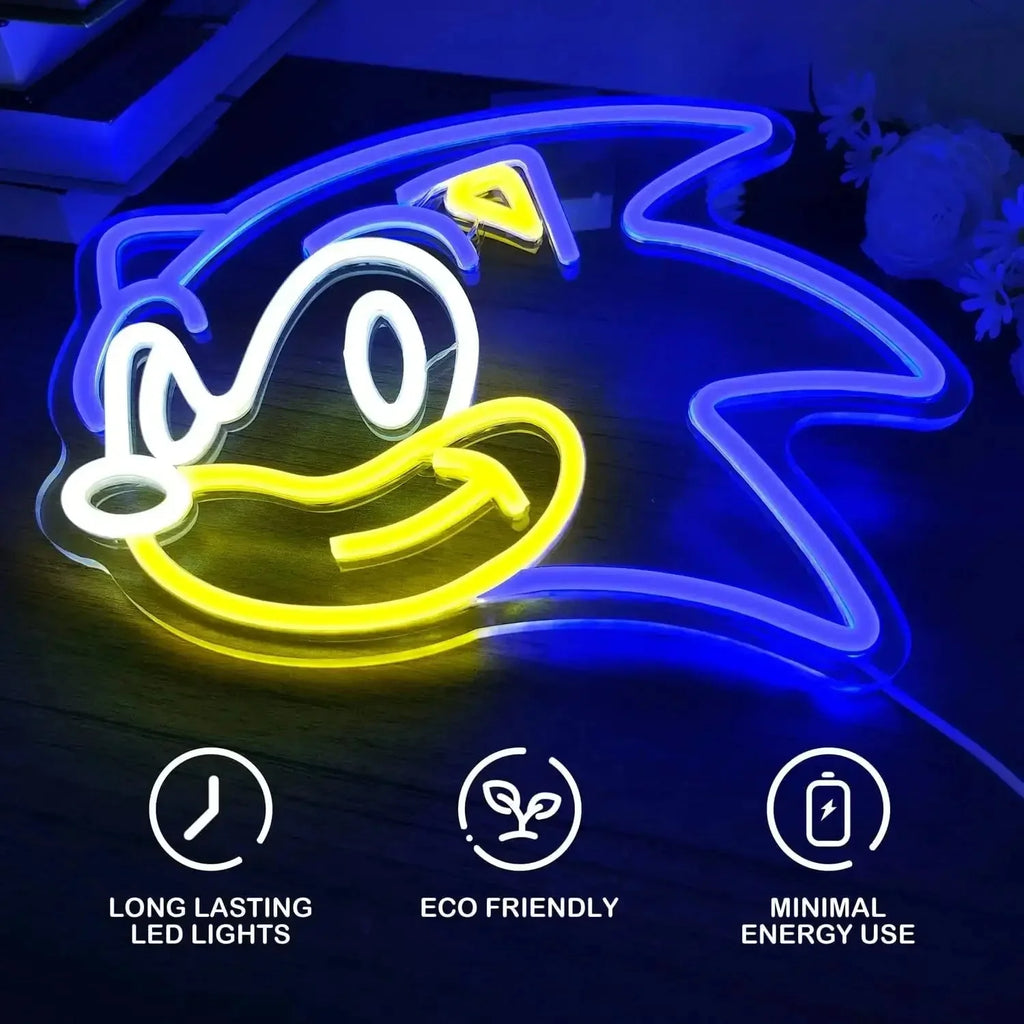 Sonic Neon Sign - Bright Blue LED Neon Light for Retro Gaming Decor
